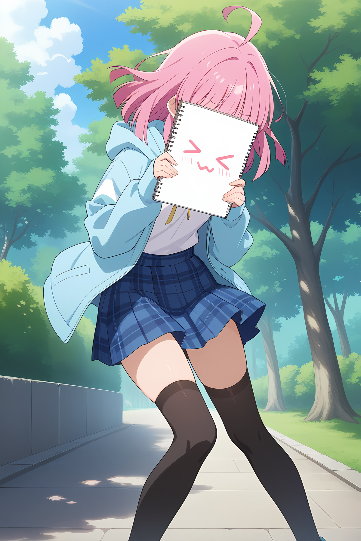 absurdres, highres, masterpiece, best quality, amazing quality, official anime artwork, screencap, anime screencap, outdoors,  dynamic pose,
 <lora:rina-lovelivenijigasakiIL:1> rina tennouji, 1girl, solo, medium hair, pink hair, ahoge, blunt ends, small breasts, yellow ribbon, white shirt, hooded jacket, light blue jacket, open jacket, long sleeves, sleeves past wrists, plaid skirt, blue skirt, black thighhighs, holding sketchbook, covering face