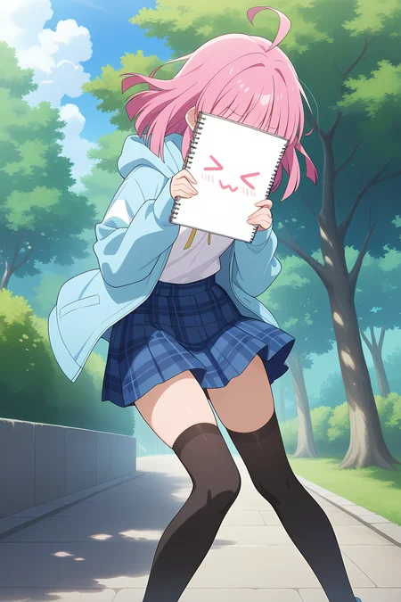 absurdres, highres, masterpiece, best quality, amazing quality, official anime artwork, screencap, anime screencap, outdoors, dynamic pose,
<lora:rina-lovelivenijigasakiIL:1> rina tennouji, 1girl, solo, medium hair, pink hair, ahoge, blunt ends, small breasts, yellow ribbon, white shirt, hooded jacket, light blue jacket, open jacket, long sleeves, sleeves past wrists, plaid skirt, blue skirt, black thighhighs, holding sketchbook, covering face