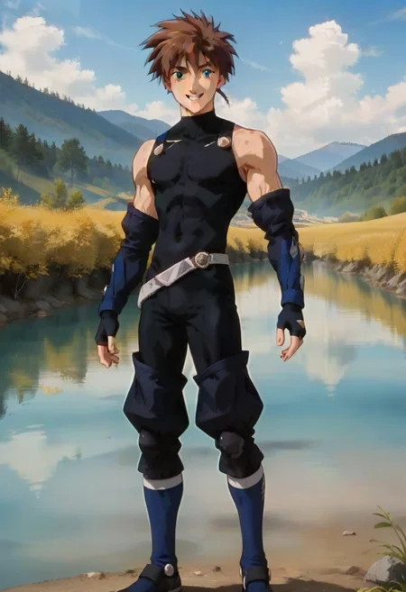 ((masterpiece)), ((best quality)), ((ultra-detailed)), ((absurdres)), score_9_up, score_8_up, score_7_up,
HD, top quality, best quality, amazing quality, High-quality illustrations, anime screencap, source_anime, best aesthetic, easynegative, ng_deepnegative_v1_75t, perfect proportions, perfect eyes, 1boy, 1male, solo boy, solo male, male focus, solo male focus, Anime, boy, male anime character, anime boy, handsome, attractive, cute, charming, sexy, hot, ((tall, tall height, tall body)), ((slim body, slender body, lean body)), Gau Ban, brown hair, blue eyes, black body suit, sleeveless, blue fingerless arm warmers, silver belt, blue leg warmers, ((smiling, happy)), ((model pose, sexy pose))