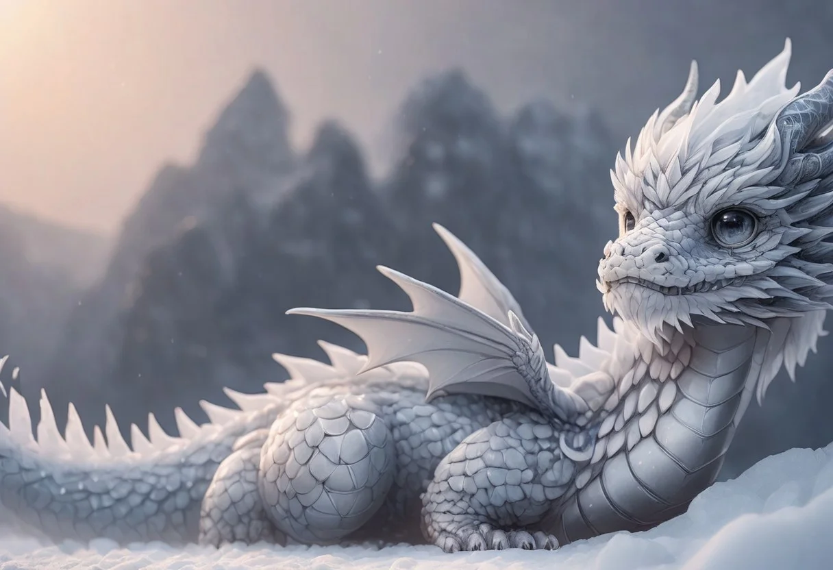 very tiny ice dragon, body made of ice, curled up sleeping, cute and adorable, big eyes, hyperrealistic, fantasy, snow, snowing, depth of field, heavy contrast, emb-drgn, dragon, haohaovietnam,