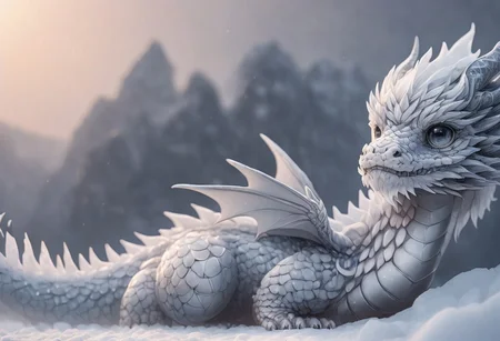 very tiny ice dragon, body made of ice, curled up sleeping, cute and adorable, big eyes, hyperrealistic, fantasy, snow, snowing, depth of field, heavy contrast, emb-drgn, dragon, haohaovietnam,