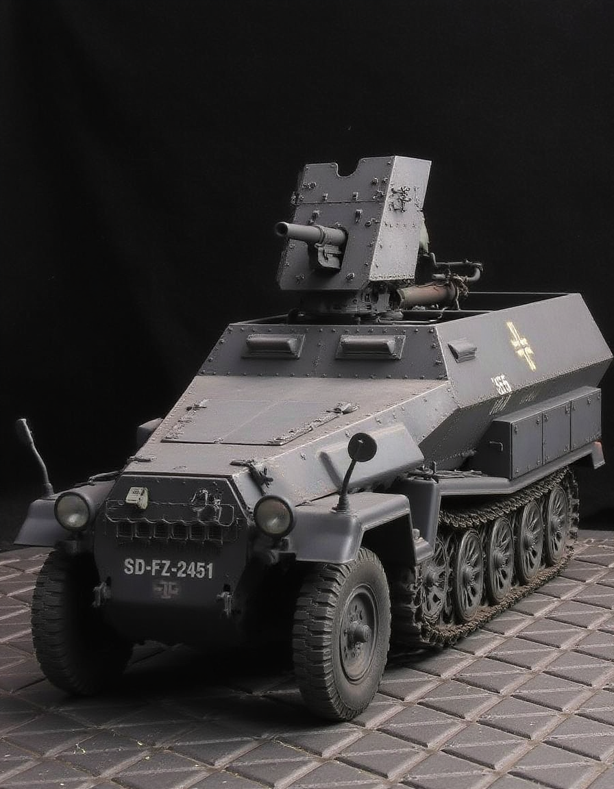 ,  <lora:sd-kfz-251-10:1>sd-kfz-251-10:ã
A German WWII combat vehicle equipped with a 37mm anti-tank gun on an open-top half-track.Three-quarter view.German identification mark of a cross. no humans.