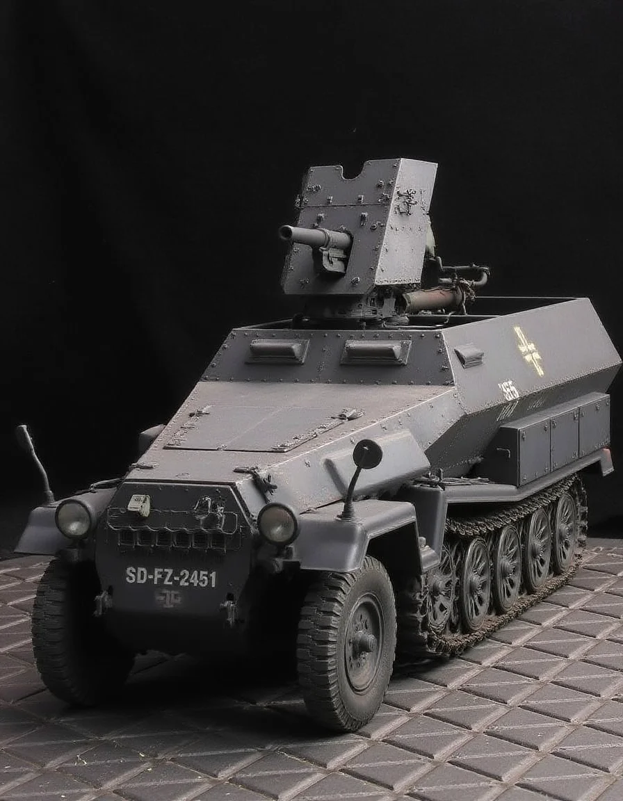 , <lora:sd-kfz-251-10:1>sd-kfz-251-10:ã
A German WWII combat vehicle equipped with a 37mm anti-tank gun on an open-top half-track.Three-quarter view.German identification mark of a cross. no humans.