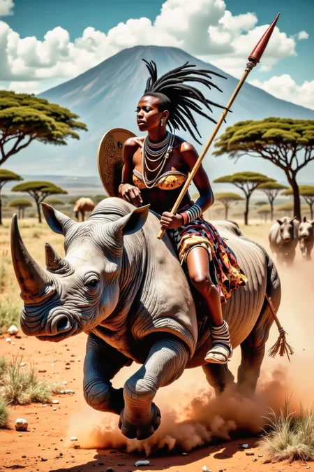 Real photograph of an African warrior woman, black skin, Nubian, beautiful, breathtaking, athletic, (small breasts:1.4), earrings, necklace, wrist bands, dangerous, fierce, riding astride an angry ferocious charging rhinoceros, leaning forward while brandishing a decorated spear and shield, fierce face, yelling out a war cry, African savannah with umbrella trees, mount Kilimanjaro in the background, intricate details, masterpiece, elegant, complex patterns, (full body shot from head to toe:1.6), dramatic and dynamic lighting, sunny intense atmosphere <BaroqueColorful:0.73>