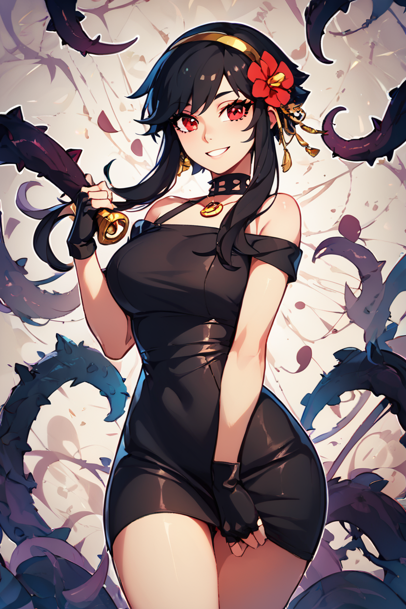 score_9, score_8_up, score_8, big breasts, (curvy), cute, eyelashes,      rating safe,   BREAK,  YorForger,1girl,black hair, red eyes, short hair with long locks, gold hairband, hair flower, black choker, black dress, sleeveless, off shoulder, floral print, fingerless gloves, black footwear, thigh holding dagger,   BREAK,   smile, looking at viewer, abstract background, thorns, dark theme, white outline, cowboy shot,   embedding:zPDXL, Expressiveh  <lora:YorForgerXLpony004:0.8>,  <lora:CatalystStylePDXL:0.6>,  <lora:SDXLFaeTastic2400:0.5>,  <lora:Expressive_H-000001:0.4>,