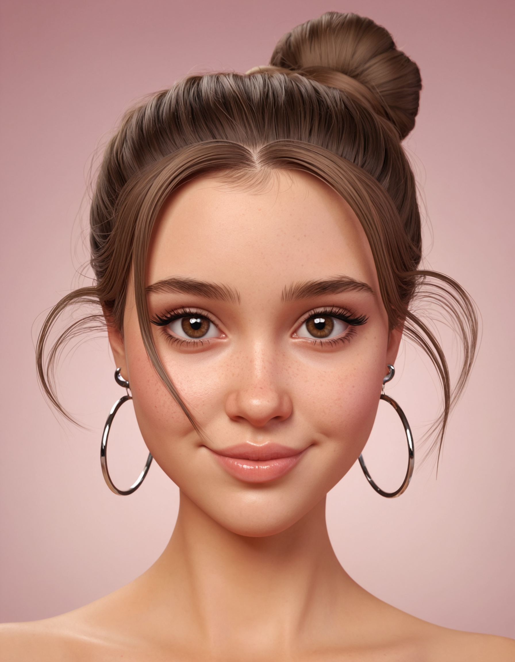 A stylized 3D cartoon portrait of a kind-hearted young woman, combining the "innocent" archetype with fashionable, urban flair. She has smooth, light-toned glossy skin with realistic highlights and a soft blush. Her facial features are soft and slightly exaggerated â large expressive brown eyes, a slightly long doll-like nose, and natural lips with a fuller lower lip. Hair is light brown, styled into a messy bun with loose strands framing her face, with a slightly wet, realistic texture. She wears small silver hoop earrings and some glossy, stylized jewelry.
Her facial features and expression should closely match those in the reference photo provided. Expression is joyful and warm. Eye makeup is bold and sculpted, with elongated dramatic lashes. Lighting should emphasize glossy textures and rounded cartoon forms, inspired by Pixar and DreamWorks but with more fashion-forward and painterly flair.
Use a clean pastel pink or white background. Only the head should be visible, no body. The composition should be tightly framed to fit an Instagram avatar. Render in ultra-high resolution with cinematic lighting, vibrant colors, and a painterly 3D cartoon style.