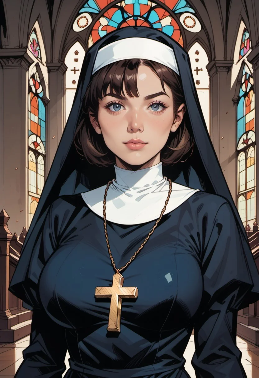 score_9, score_8_up, score_7_up, source_anime, 1woman, mature, human female, human, detailed face, jawline, smooth skin, beige skin, beautiful eyes, blue eyes, brunette, big breasts, bob cut hair, nun, habit, long sleeves, dress, black dress, jewelry, black veil, cross, cross necklace, church,