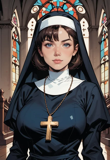 score_9, score_8_up, score_7_up, source_anime, 1woman, mature, human female, human, detailed face, jawline, smooth skin, beige skin, beautiful eyes, blue eyes, brunette, big breasts, bob cut hair, nun, habit, long sleeves, dress, black dress, jewelry, black veil, cross, cross necklace, church,
