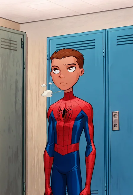 masterpiece,best quality, amazing quality, 1boy, fit, slim body, solo, male focus, P3t3r, 1boy, male focus, anime, brown hair, very short hair, brown eyes, Spiderboy, Bodysuit, Red Bodysuit, Blue Bodysuit, Cl4ss1c, superhero, bodysuit, spider web print, red bodysuit, blue accents, locker_room, foggy, steam,