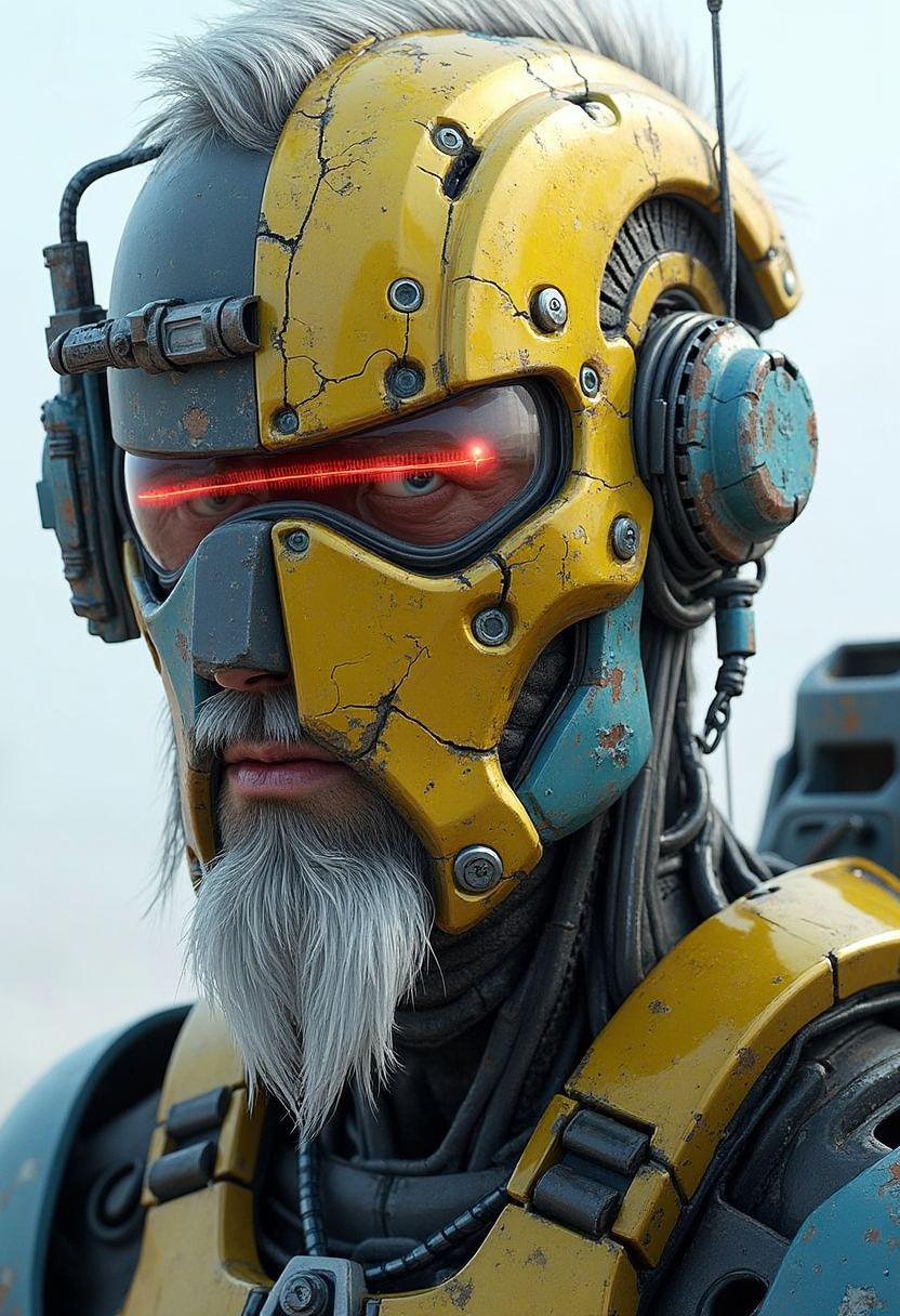 YFG-Hamrater far shot, full body, cyborg, mech armor, battle damaged, portret of an old experienced soldier with a short white goatie beard and one blue eye with slightly glowing iris. The second eye is hiding behind a golden mask that is covering half of a man's face. The mask was once covering whole face but it's now broken in half vertically, showing one half of the face. The second eye is behind a red glowing u transparent binocular glass covering a visor of the mask. The mask has cracks allover it's surface and from the cracks the blue glowing light is bleeding out. He is also wearing a snow white futuristic battle armor. Picture is very detailed, 4k