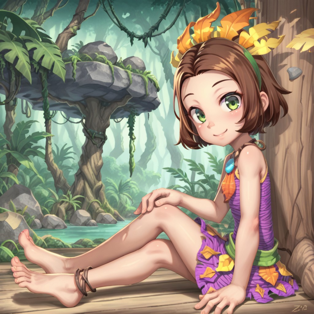 score_9, score_8, score_7, break, zaria_tpj, brown hair, short hair, feather headdress, dress, green eyes, jungle, sitting, rock, barefoot, smile, looking at viewer, sideview, sunlight, shadows, natural lighting