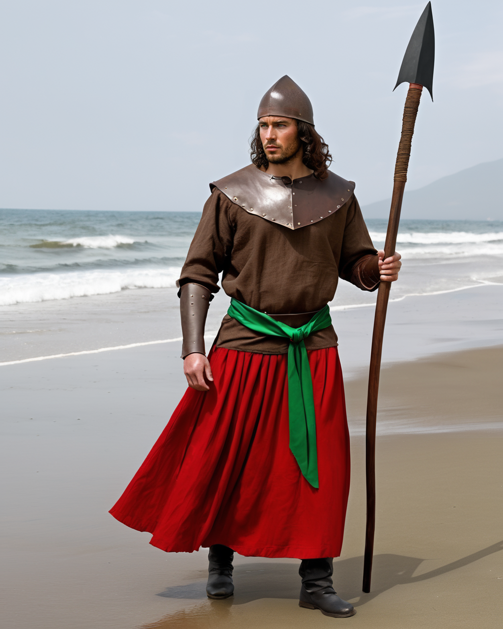photorealistic, masterpiece,, medieval, full-body-shot, close-up, warrior:( male, (<lora:sam-cushing:0.025> sam-cushing, <lora:John_Culver:0.025> john culver):0.025  standing on a beach, tunic, long red skirt:(red++, long), red toque hat, (holding a spear):1.5, black curly hair, dark skin, green eyes, sash:(tied around waist, green), (shirtless:-1)),
<lora:add-detail-xl:0.1>,  african, <lora:Skin Color_alpha1.0_rank4_noxattn_250steps:0.2>
BREAK
 tunic:(brown  linen),  holding a spear, leather padding,
BREAK 
long red:1.5 skirt, green++ sash around the waist