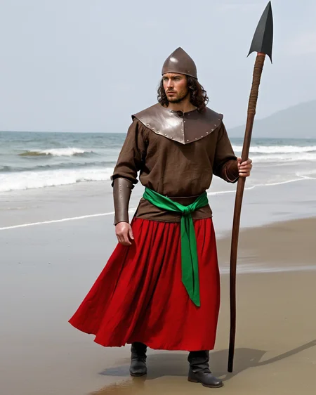 photorealistic, masterpiece,, medieval, full-body-shot, close-up, warrior:( male, (<lora:sam-cushing:0.025> sam-cushing, <lora:John_Culver:0.025> john culver):0.025 standing on a beach, tunic, long red skirt:(red++, long), red toque hat, (holding a spear):1.5, black curly hair, dark skin, green eyes, sash:(tied around waist, green), (shirtless:-1)),
<lora:add-detail-xl:0.1>, african, <lora:Skin Color_alpha1.0_rank4_noxattn_250steps:0.2>
BREAK
tunic:(brown linen), holding a spear, leather padding,
BREAK
long red:1.5 skirt, green++ sash around the waist