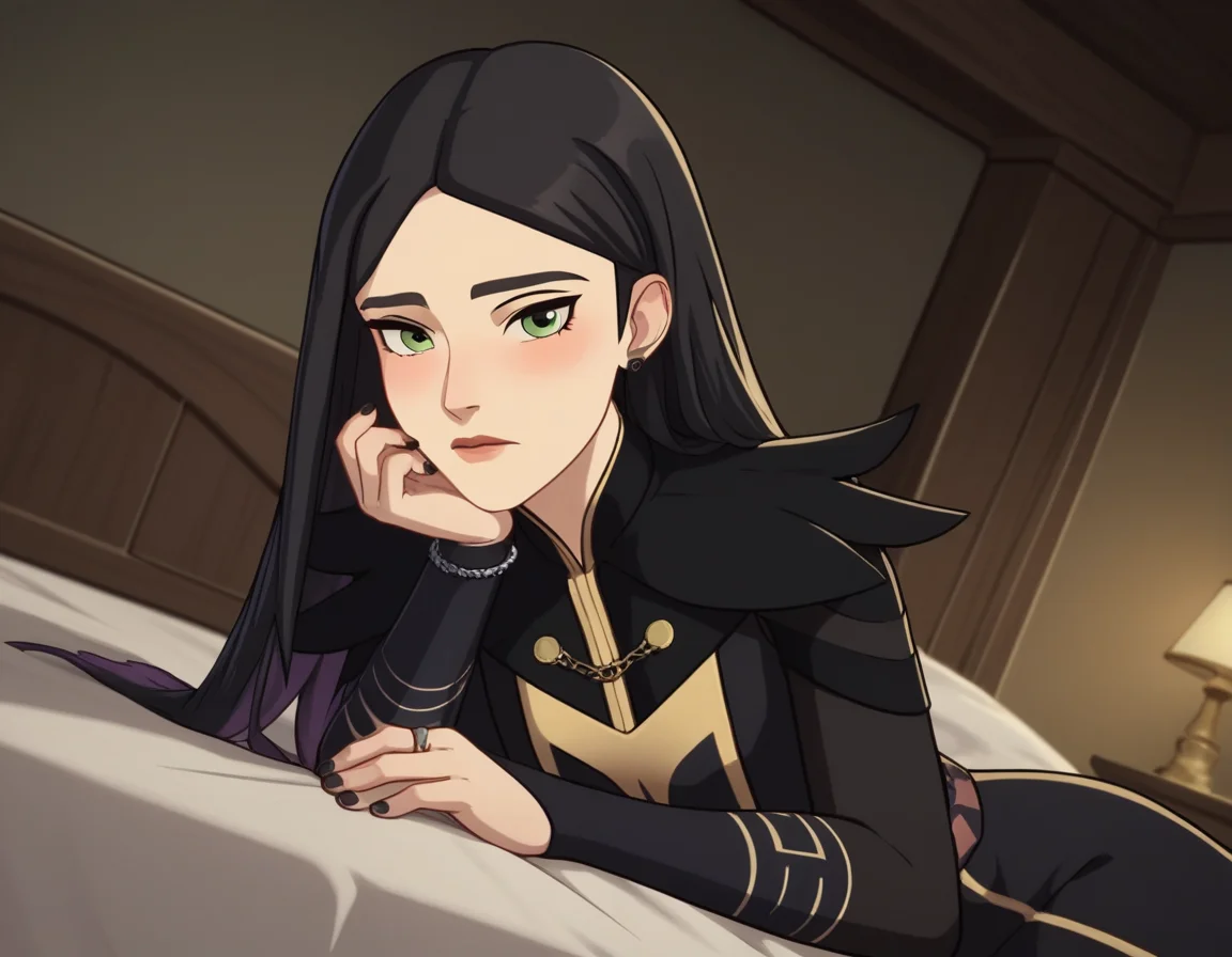 score_9, score_8_up, score_7_up, source_anime, <lora:dragon-prince-claudia-ponyxl-lora-nochekaiser:1>, claudia, long hair, black hair, green eyes, lips,, long sleeves, dress, jewelry, earrings, nail polish, black dress, black nails,, indoors, bed, bed room, on side, blush, drunk, looking at viewer, solo, cowboy shot, dutch angle