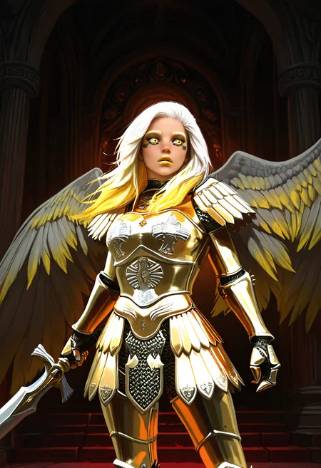 masterpiece, best quality, very aesthetic, amazing quality, very high resolution, hyperdetailed, 
medieval background, chruch undercroft background, sacred shrine in background, temple dungeon, dark lighting, strong female, beautiful face, austere, stoic, pretty yellow eyes, yellow lips, luxurious hair, long hair, two tone hair, white hair, yellow hair, gold armor, gold chainmail, war makeup, bevor, holding sword, vasiy, uriel, wings,
 <lora:Vasiy-Uriel_V2:1> <lora:noobai_vpred_1_aqm_complete_v3:0.6> <lora:DarkerThanBlackIllustrious:0.45>
