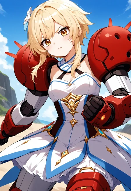 <lora:Hyper-SDXL-8steps-lora:1> <lora:Fixhands_anime_bdsqlsz_V1:1> zPDXL2, score_9, score_8_up, score_7_up, source_anime, intricate details, perfect anatomy BREAK
outdoors, beach, expressionless, 1girl, solo, fighting stance, angry, screaming, punching,
<lora:GAGE-titus_XL(pony)v10:1> GAGE-titus, mecha musume, red shoulder armor, mechanical arms, mechanical legs, (faceless female:-1),
lumine \(genshin impact\), (genshin impact:0.8), blonde hair, yellow eyes,