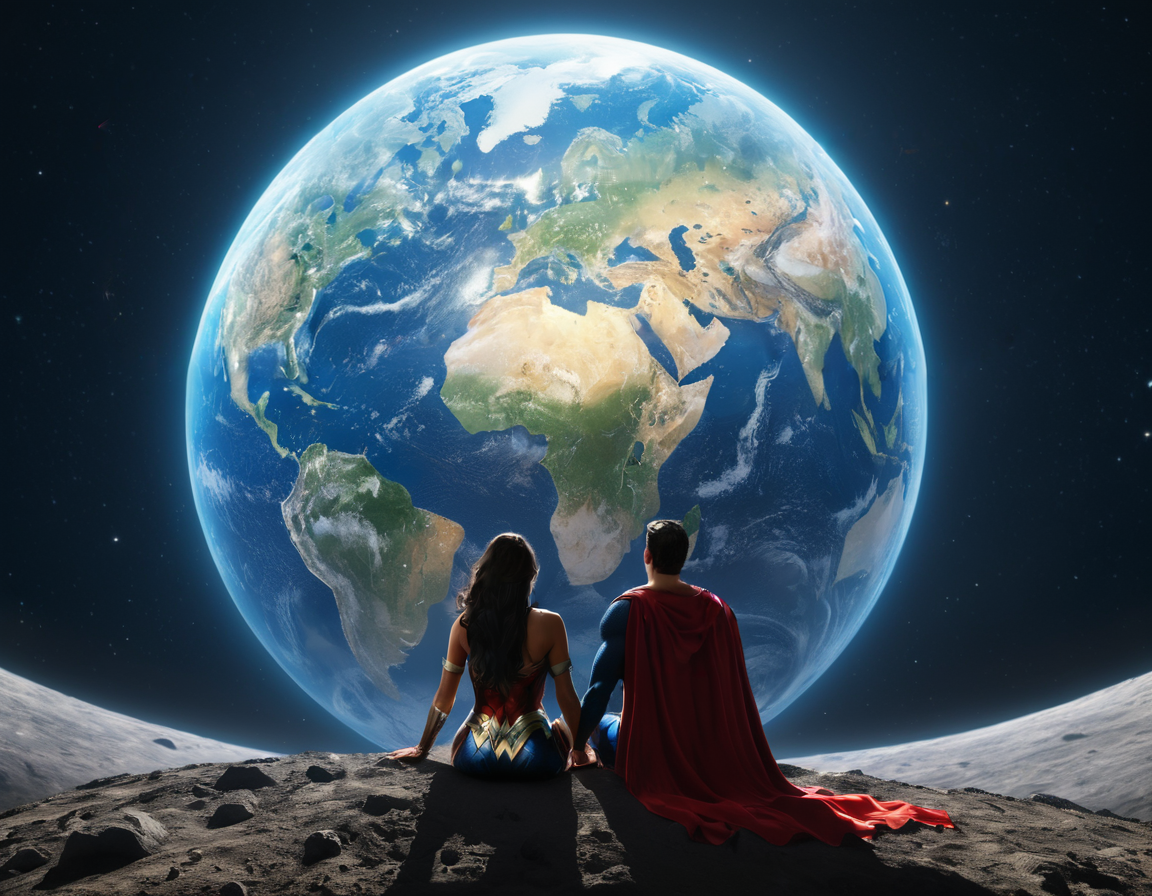 high resolution, 4K, panoramic, masterpiece, high quality, 1 man, superman, red cape, 1 woman, Wonder woman, holding hands, sitting on the moon, their backs to us, silhouettes, the earth in the background, Earth rising, Blue Earth, globe, continents, side lit, sun lit