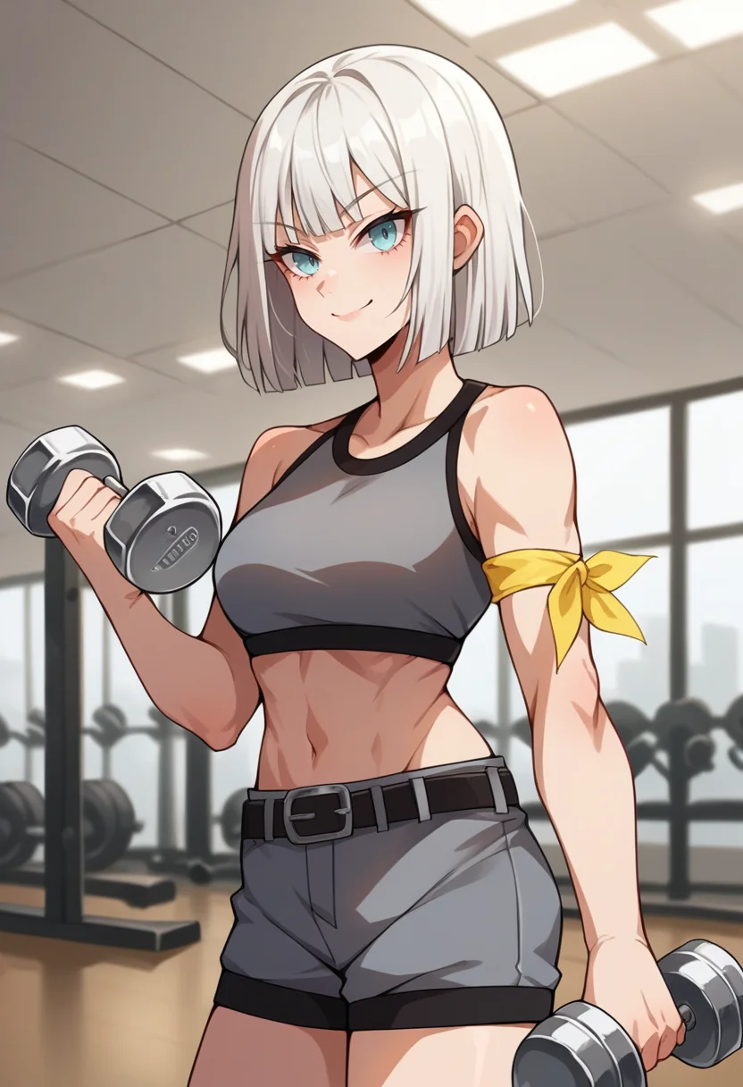 score_9, score_8_up, source_anime, 1girl, solo, GinaBoyd, short hair, bob cut, white hair, grey sports bra, belt, grey shorts, yellow armband, indoors, holding dumbbell, smile, <lora:ChamGinaBoydPonyXL:1>