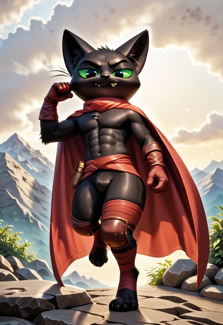 score_9, score_8_up, score_7_up, solo male, (noseless:1.2), MaoMao, cat, black body, black fur, scut tail, body fur, animal ears, black pupils, green sclera, coloured sclera, anthro, whiskers, (haramaki:1.2), (red cloth belt:0.8), red cape, red gloves, red foot wraps, knee pads, smile, half-closed eyes, smug, smirk, single fang, featureless crotch, shortstack, thick thighs, on one leg, chibi, chest tuft, perfect hands, full-length portrait, outside, sunset, backlighting, heroic pose, dynamic, raised hand, wide stance, mountain, rock, (low-angle view,:1.1) cloud, looking at viewer, windy, fluttering cape, windblown cape, digitigrade,
BREAK
RBE, highres, Masterpiece, perfect lighting, zPDXL3, detailed background