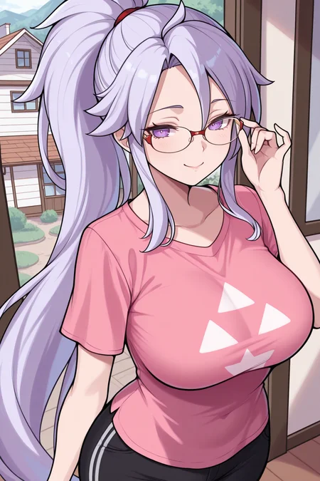 masterpiece, best quality, 1girl, solo <lora:feishtar-illu-nvwls-v1-000006:1> baseistr, lavender hair, ponytail, very long hair, purple eyes, large breasts, glasses, pink t-shirt, black pants, adjusting glasses, smile, house, white heart