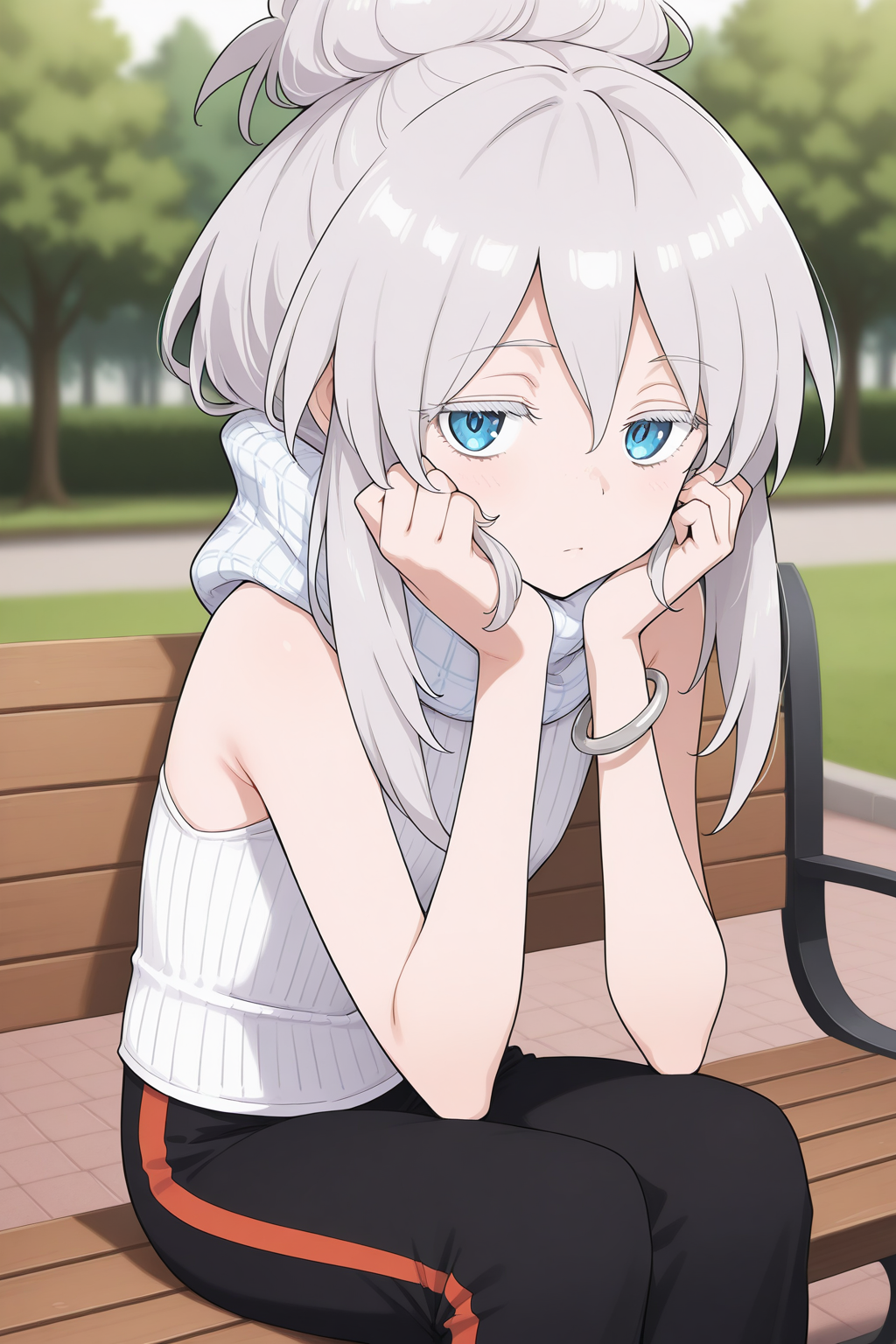 1girl,
DeuxMurasameGundamGQ, DMNormalOutfit,
general, solo, perspective, 
grey hair, blue eyes, colored eyelashes, collarbone,
jitome,
white scarf, plaid, sleeveless shirt, white shirt, bangle,
black pants, 
looking at viewer, sitting, face in hands,
park, bench, swinging legs,
depth of field,
<lora:kp_DeuxMurasameGundamGQIllustrious_v1_0:1.0>,
masterpiece, best quality, amazing quality