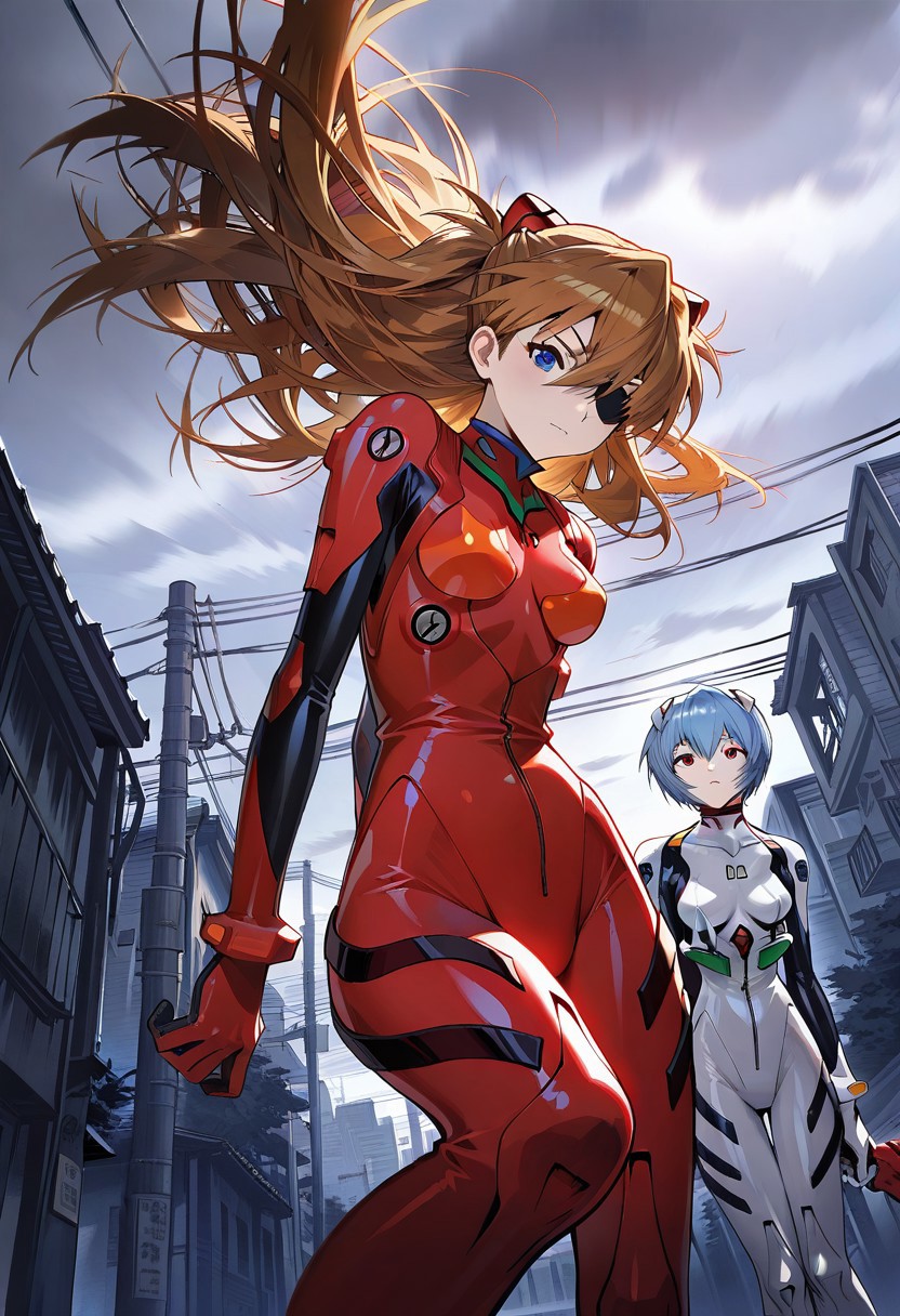 WALLPPR_ST, masterpiece, best quality, very aesthetic, high resolution, ultra-detailed, absurdres, newest, detailed eyes, beautiful, perfect lighting, hi res, amazing quality, very awa, painting_(artwork), dynamic angle, dynamic pose, detailed background, souryuu asuka langley, multiple girls, ayanami rei, plugsuit, 2girls, long hair, eyepatch, interface headset, blue hair, blue eyes, red bodysuit, outdoors, floating hair, breasts, utility pole, building, power lines, looking at viewer, city, holding