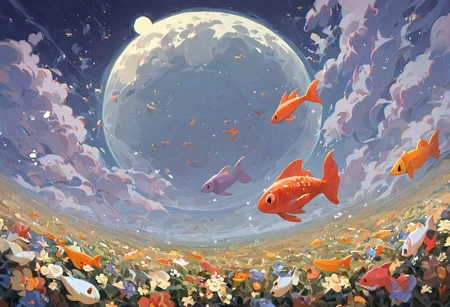 score_9, score_8_up, score_7_up, score_6_up,
nature background, flowers, flower, clouds, fields, flower field, night time, dark county side, moon in the sky, huge moon, glowing moon, white glow, horizon view, flat horizon
flying fish, fish floating, fish swimming thriugh the sky, betta fish, multi colour fish, swarm of fish, 30 fish, huge swarm of fish,fish ,Aquatic life, swarm of fish around a big fish, large goldfish, goldfish, large fish, dragon fish, dragon gold fish