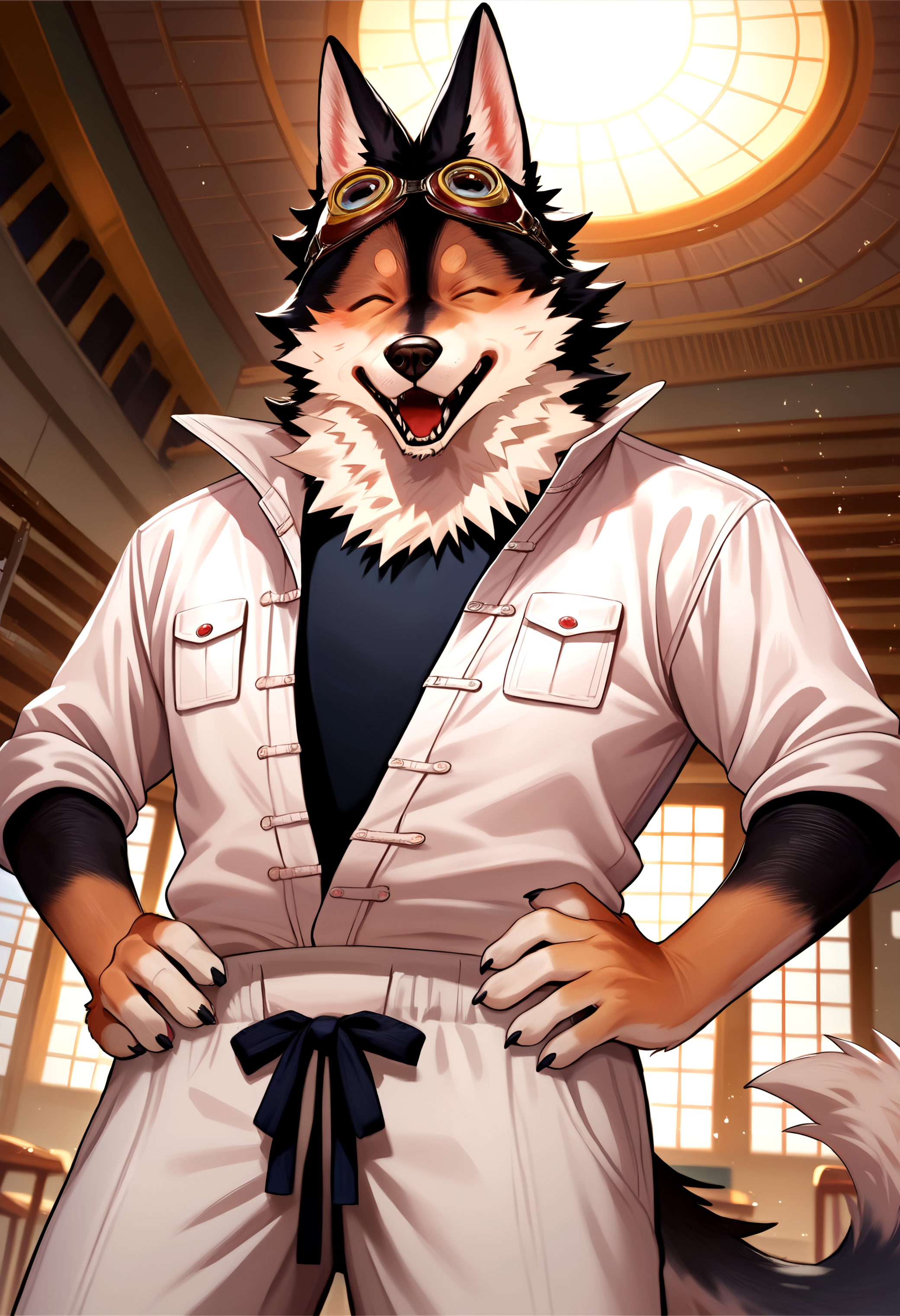 score_9, score_8_up, score_7_up, 8k, detailed design, detailed background, detailed characters, masterpiece, anthro only, furry only, 1boy, solo,  <lora:Yoki-000002>,yoki, yoki_kurogane, black shirt, 1boy, furry male, goggles on head, pants, open shirt, goggles, dog boy, boots, black fur, dog ears, looking at viewer, closed eyes, hands on hips,  dynamic angle,    inside, building, sunny, sun,