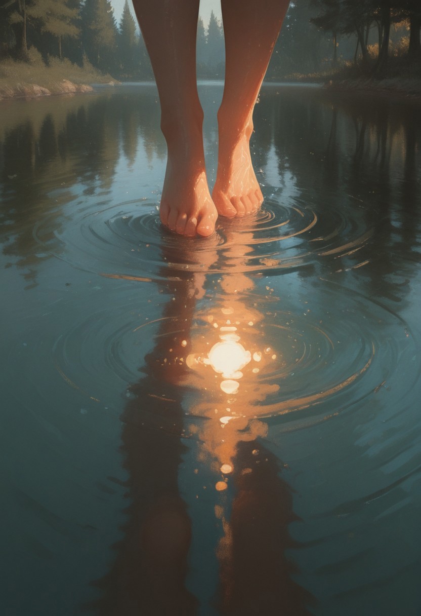 masterpiece, best quality, amazing quality, very aesthetic, newest, magic lights, surreal light, intrincated details, vivid colors, (close up shot, full body view, face focus, raw photo, best quality, masterpiece, ultra-detailed, high res), (realistic), (extremely delicate and beautiful), (((woman,milf, bathing in serene lake, nude))), natural light bouncing off the water, reflections of the body in the calm surface, subtle ripples spreading across the water. The forest backdrop is lush and green, with warm, calm air. Natural beauty, sensual yet mystical, with a hint of magic in the atmosphere, fine texture, 8k, ultra-detailed, high quality, high contrast, full body shot, magical realism, serene and tranquil mood,