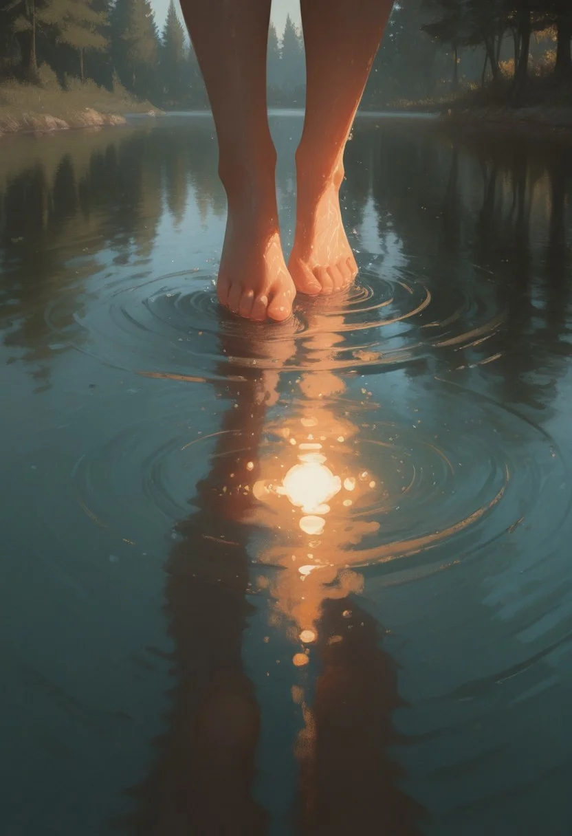 masterpiece, best quality, amazing quality, very aesthetic, newest, magic lights, surreal light, intrincated details, vivid colors, (close up shot, full body view, face focus, raw photo, best quality, masterpiece, ultra-detailed, high res), (realistic), (extremely delicate and beautiful), (((woman,milf, bathing in serene lake, nude))), natural light bouncing off the water, reflections of the body in the calm surface, subtle ripples spreading across the water. The forest backdrop is lush and green, with warm, calm air. Natural beauty, sensual yet mystical, with a hint of magic in the atmosphere, fine texture, 8k, ultra-detailed, high quality, high contrast, full body shot, magical realism, serene and tranquil mood,