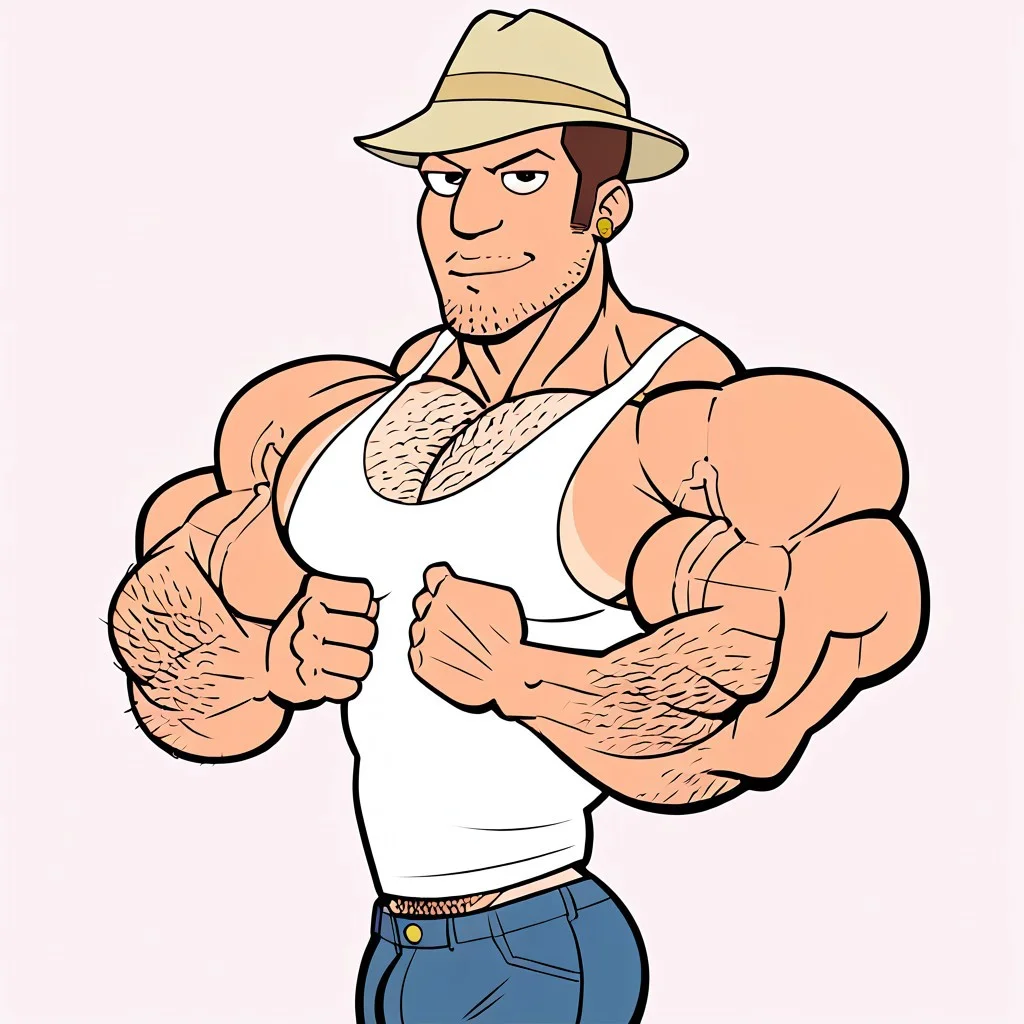 ((Solo, male focus, (score_7, score_8, male, federline jones, brunette hair, male, stubble, facial hair, buzz cut hair, bucket hat, golden jewelery, white tank top, blue jeans, tanned skin), (remert style, r-s) Muscles definition, veiny, veins, veiny muscles, bulge, sweaty, scowl, smirk, hairy body, flat shading,)) ((detailed eyes, accurate face, score_9, score_8_up, score_7_up, score_6_up, score_5_up, score_4_up, lineart, digital art, gigantic, tanlines, hairy, flex, gigantic, tanlines, pale skin, deep tan))