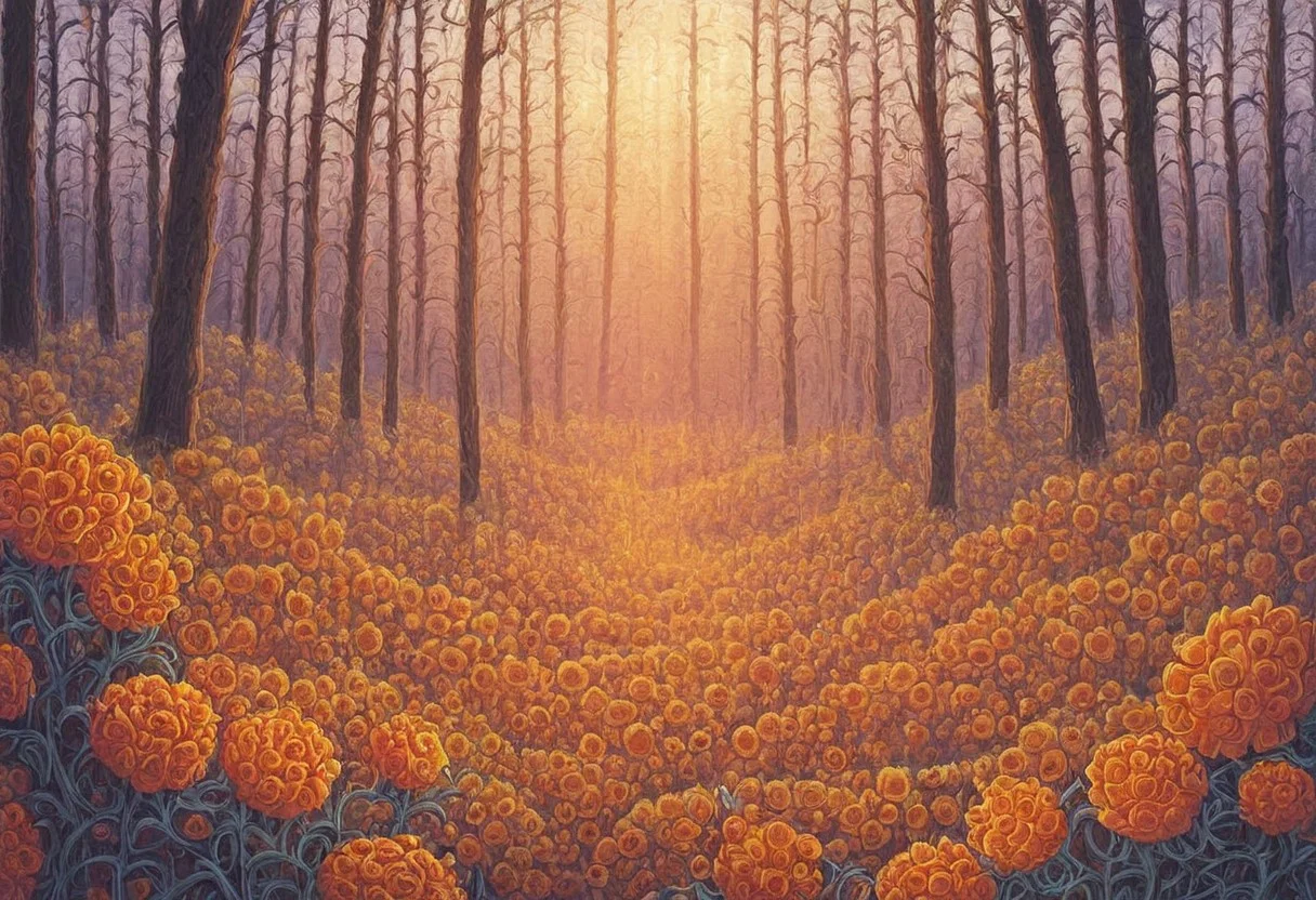 aesthetic, symmetric, forest, intricate vines, sunset, flowers, orange peel