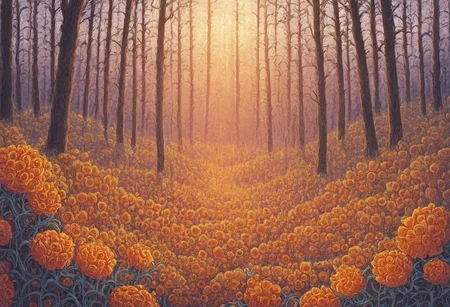 aesthetic, symmetric, forest, intricate vines, sunset, flowers, orange peel