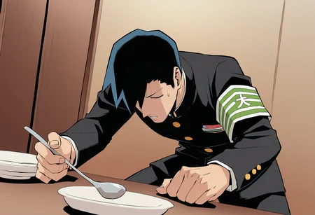 masterpiece, best quality, <lora:age_slider_v4:4>,detailed_background,indoors,closed eyes,1boy,hyeon 0613,male focus,school uniform,armband,ekubo \(mob psycho 100\),sweatdrop,gakuran,absurdres,kneeling,holding,highres,holding spoon,hair over one eye,mob psycho 100,possessed,kageyama ritsu,spoon,black hair