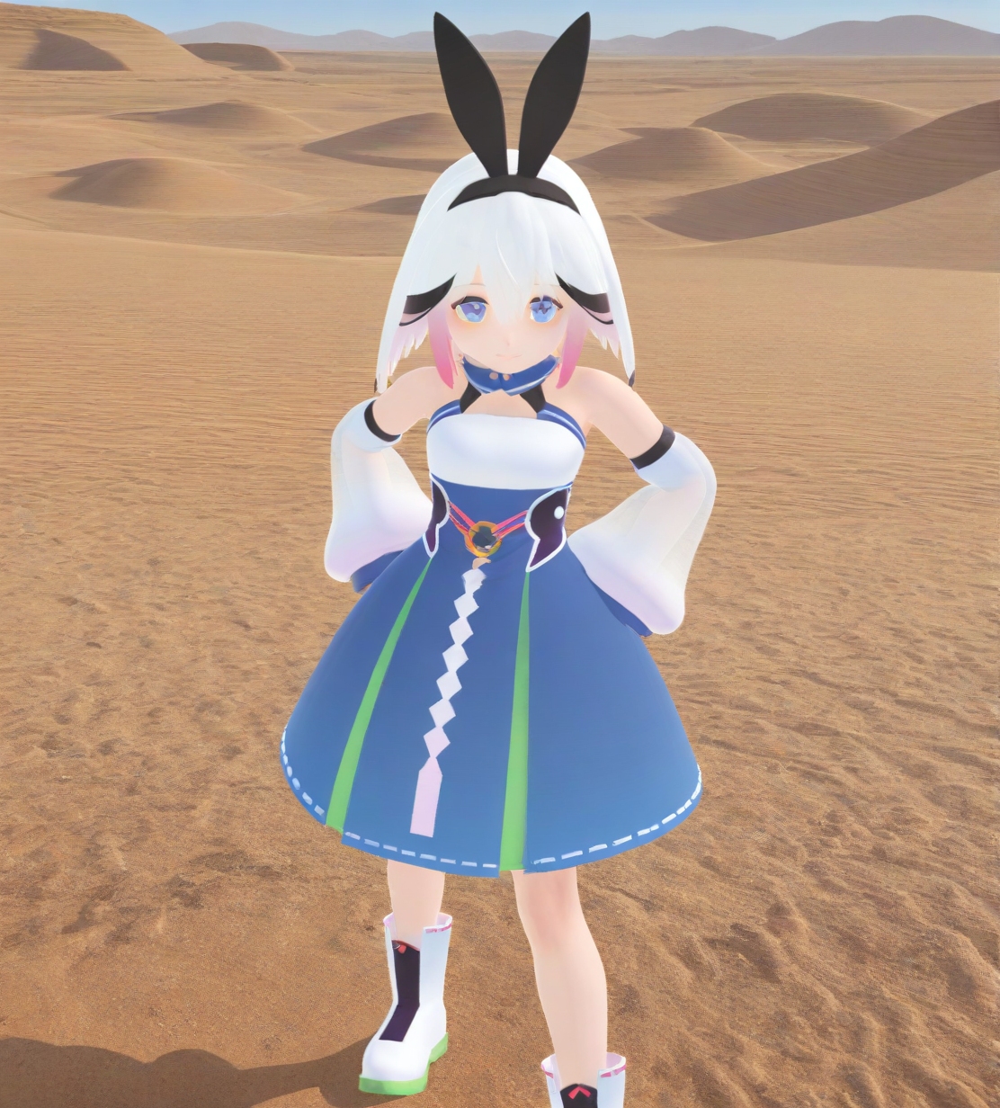 <lora:ãã­ãã·ã´ã£ã¼Puroto_ShivÄ«:1.2>,1girl,
ãã­ãã·ã´ã£ã¼(Puroto ShivÄ«),blue eyes,multicolored hair,white hair,pink sidelocks, short hair,bangs,
bunny ears,hairband,
blue dress,bare shoulders,strapless dress,
detached sleeves.see-through,white sleeves,
white boots,
desert, vast dunes, clear blue sky,
animated,very awa, masterpiece, best quality, highres, absurdes,amazing quality,very aesthetic,intricate details,scenery,
<lora:hand 5.5:0.8>