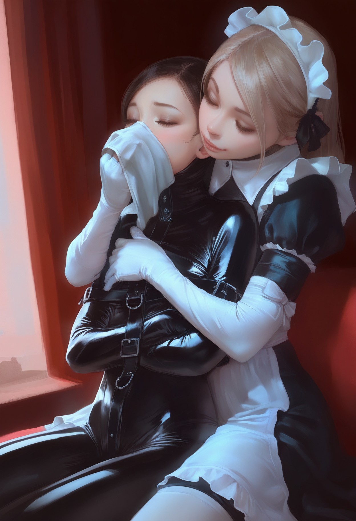 masterpiece, best quality, realistic, 2girls, femdom, maid, sitting, hug from behind, black latex straitjacket, holding chloroform to another's face<lora:1equals2_v1_5_noob:1.0>