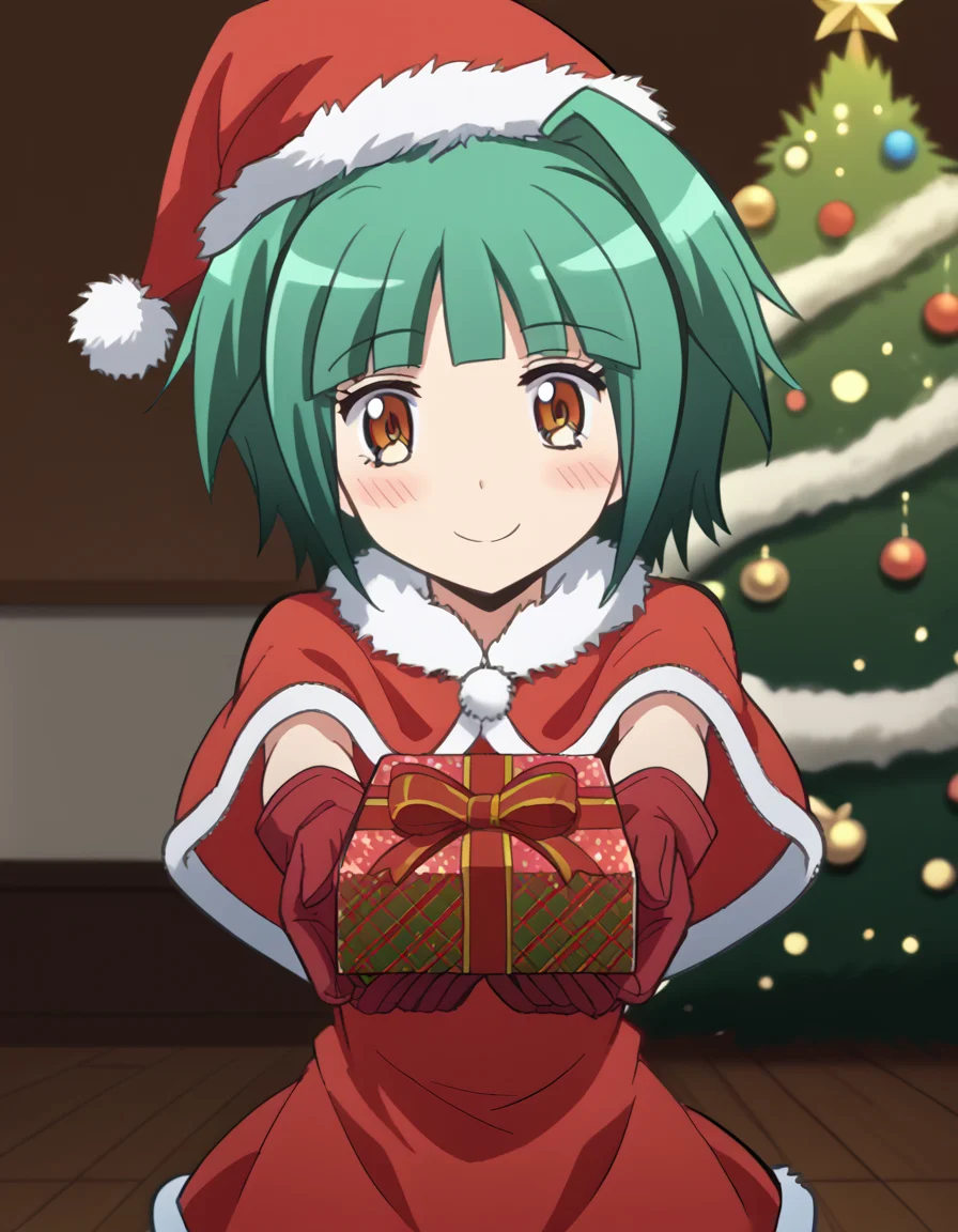 score_9, score_8_up, score_7_up, source_anime, <lora:kaede-kayano-s1s2-ponyxl-lora-nochekaiser:1>, kaede kayano, short hair, bangs, brown eyes, yellow eyes, green hair, hair intakes, anime screencap,, <lora:santa-costume-ponyxl-lora-nochekaiser:1>, santa costume, santa hat, christmas, sack, merry christmas, gift, fur-trimmed headwear, holding sack, santa dress, fur-trimmed dress, christmas tree, christmas tree, fur trim, red capelet, gift box, red gloves, fur-trimmed capelet, santa gloves, red hat, hat,, smile, blush, looking at viewer, <lora:incoming-gift-ponyxl-lora-nochekaiser:1>, incoming gift, outstretched arms, holding, holding gift, gift, gift box,, , dutch angle, cowboy shot