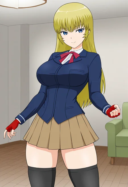 1girl, solo, ryusenkarenplutocrat, blonde hair, long hair, blue eyes, blazer, shirt, large breasts, neck ribbon, fingerless gloves, skirt, thighhighs, indoors, living room, cowboy shot, standing, smile,