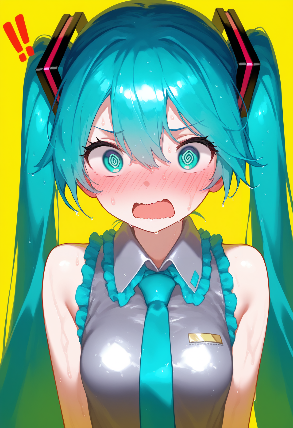 masterpiece, best quality, good quality,
wet, shiny skin,hatsune_miku, 1girl, solo, long_hair, blush, open_mouth, bangs, shirt, hair_between_eyes, bare_shoulders, twintails, blue_hair, upper_body, sweat, frills, necktie, sleeveless, collared_shirt, aqua_eyes, sleeveless_shirt, aqua_hair, embarrassed, wavy_mouth, portrait, yellow_background, grey_shirt, close-up, !, @_@, !!, aqua_necktie
<lora:flutecocktail_ill_v2:1>