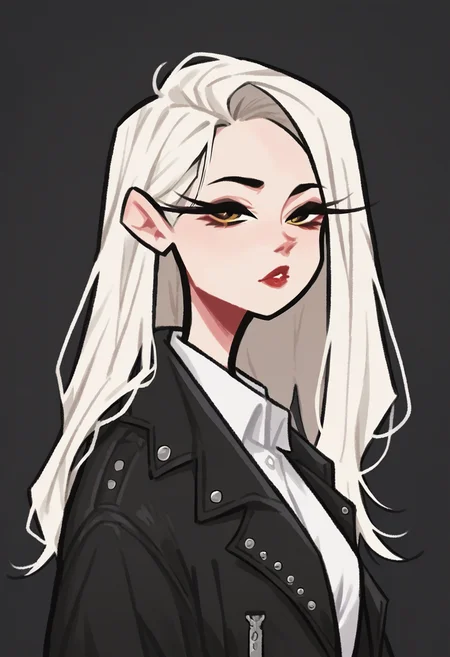 <lora:dijor-v2:1> dijor, score_9, score_8_up, score_7_up, 1girl, solo, perfect face, cute face, black eyeliner, long eyelashes, [yellow eyes:0.7], white asymmetric bob hair, red lips,  wearing leather jacket, white shirt, slim, upper body, city black background