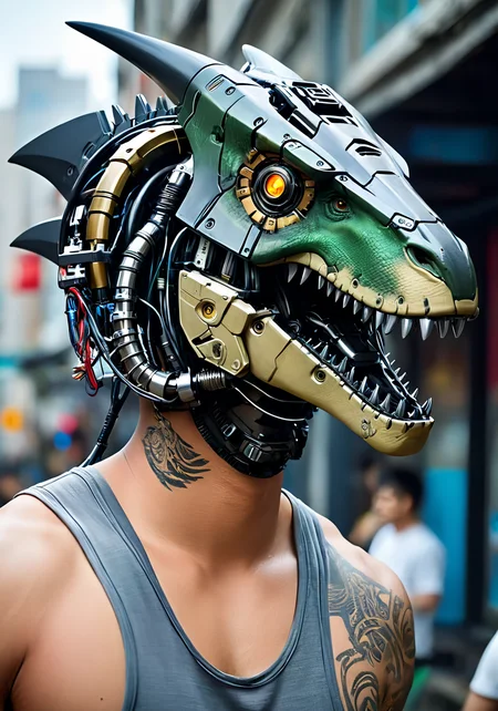 a man with cybernetic dino head, <lora:excybertechsdxl:0.7>, excybertechsdxl, best quality, masterpiece, cyborg, mechanical parts,