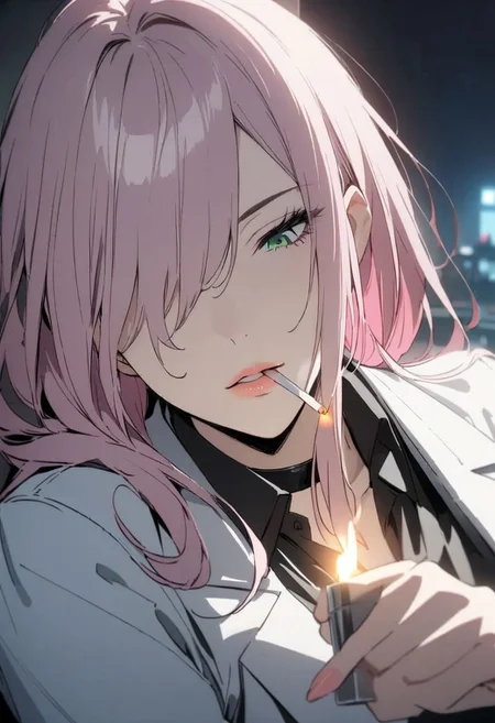 1woman, solo,  long hair, pink hair, black choker, green eyes, one eye covered by hair, lying on side, eyeliner,  gorgeous lips, white suit, tie, office lady,  looking down, <lora:sm0k1ngXL:0.6> sm0k1ng, smoking, holding lighter, lighting cigarette, night, face lit by lighter, cinematic, (masterpiece), (best quality), (ultra-detailed), very aesthetic, illustration, perfect composition, intricate details, absurdres