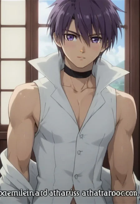 ((masterpiece)), ((best quality)), ((ultra-detailed)), score_9_up, score_8_up, score_7_up,
HD, top quality, best quality, High-quality illustrations, anime screencap, Zero, purple hair, purple eyes, 1boy, 1male, male focus, solo male, sleeveless long white coat, black neck choker, handsome, attractive, slim body, slim waist, fantasy heaven background