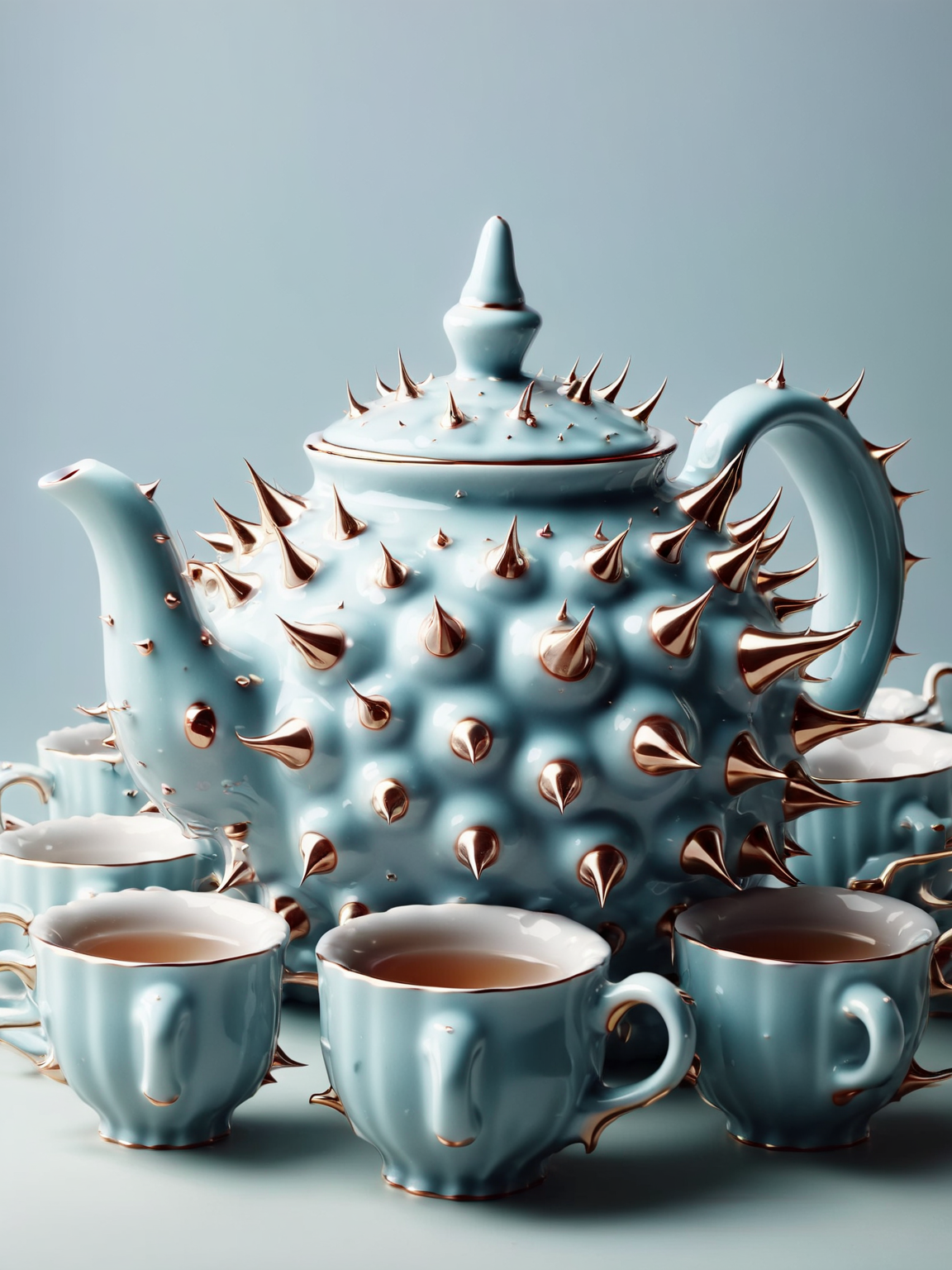 ais-thrny teapot, surrounded by dainty china cups <lora:ais-thrny-sdxl:1>