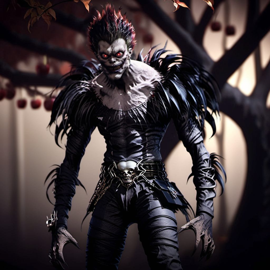 Ryuk1024, a demon, full body, red apple trees, highly detailed, photography, ultra sharp, film, bokeh, professional, 64k  <lora:add-detail-xl:1.5> <lora:Ryuk1024-000544:0.8>