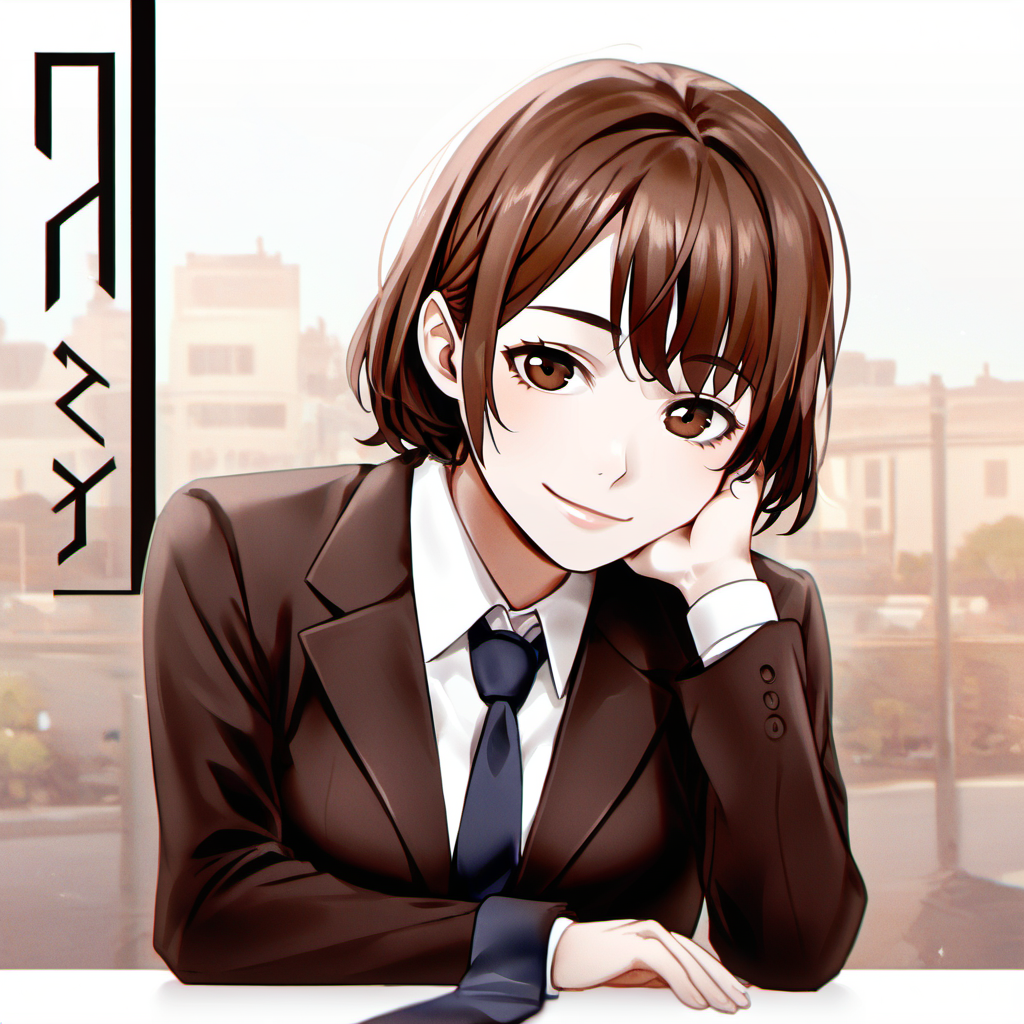 1girl,brown eyes, brown hair, head rest, leaning forward, looking at viewer, necktie, short hair, signature, smile, solo, upper body