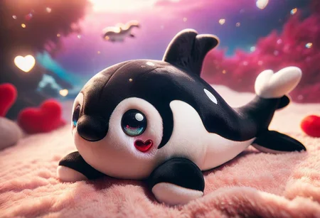 a super cute orca, plush, sparkle eyes, smile, excited, masterpiece, best quality, good quality, newest, ral-smlvltnpls, funny theme, plush sea background