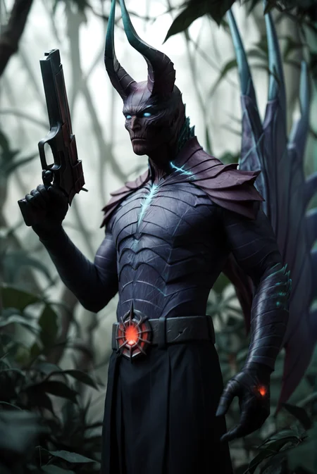 <lora:terrorblade_v1:1>terrorblade_v1
1boy, demon,
horns,
armor,rider belt, belt, glowing,
wings,
blue eyes, glowing eyes, no pupils,, score_9, score_8_up, score_7_up, solo,
jungle, ruined temple in background, holding pistol in each hand, side view,
blur censor, blurry, blurry background, blurry foreground, bokeh, motion blur,
chromatic aberration, depth of field, figure, focused, focus