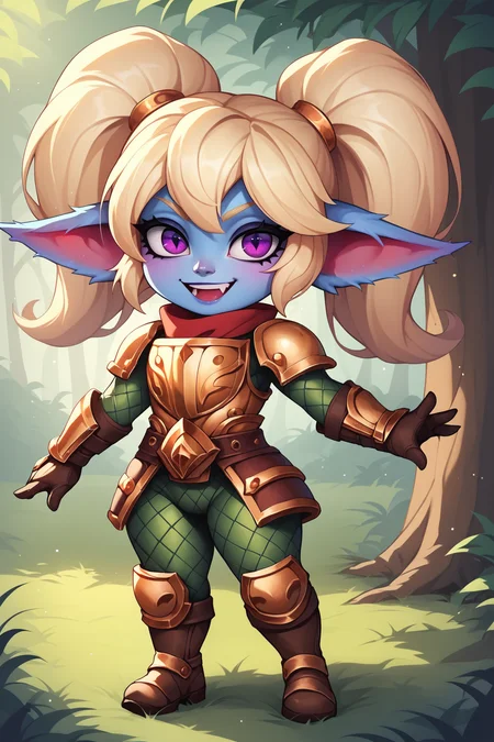 score_9, score_8_up, score_7_up, score_6_up, score_5_up, score_4_up, PoppyLoLXL, yordle, shortstack, purple eyes, blonde hair, twintails, blue skin, colored skin, golden armor,green snakeskin shirt, green snakeskin pants, brown boots, standing, dynamic pose, looking at viewer, seductive smile, forest, tree <lora:PoppyLoLXL:0.7>
