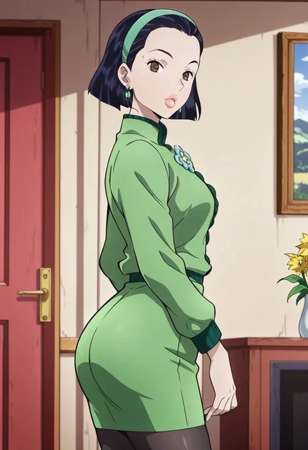 (masterpiece, amazing quality, best quality, anime coloring),very aesthetic, illustration, perfect composition, intricate details, absurdres, incredibly absurdres, sexy,(((1girl,solo,TomokoHigashikata, Short Hair, Black Hair, Brown Eyes, Earrings, Lips, Green Hairband, Green Suit, Long Sleeves, Green Pencil Skirt, Black Leggings, Flower Brooch,Original Style,perfect face,detailed eyes,standing,looking at viewer))),from side,cowboy shot,indoors,living room